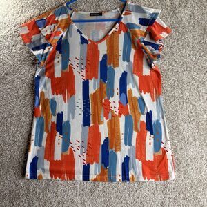 Ofeefan V Neck‎ Top Size Large Multicolor Abstract Puff Sleeve